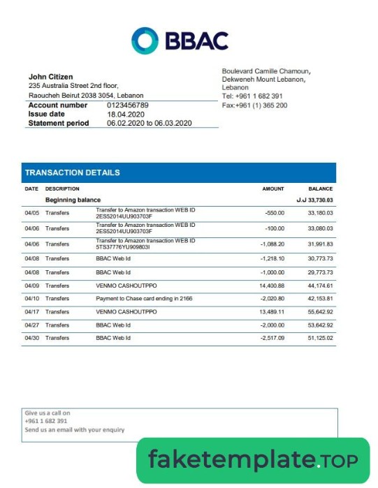 Feature of fake Lebanon BBAC Bank statement